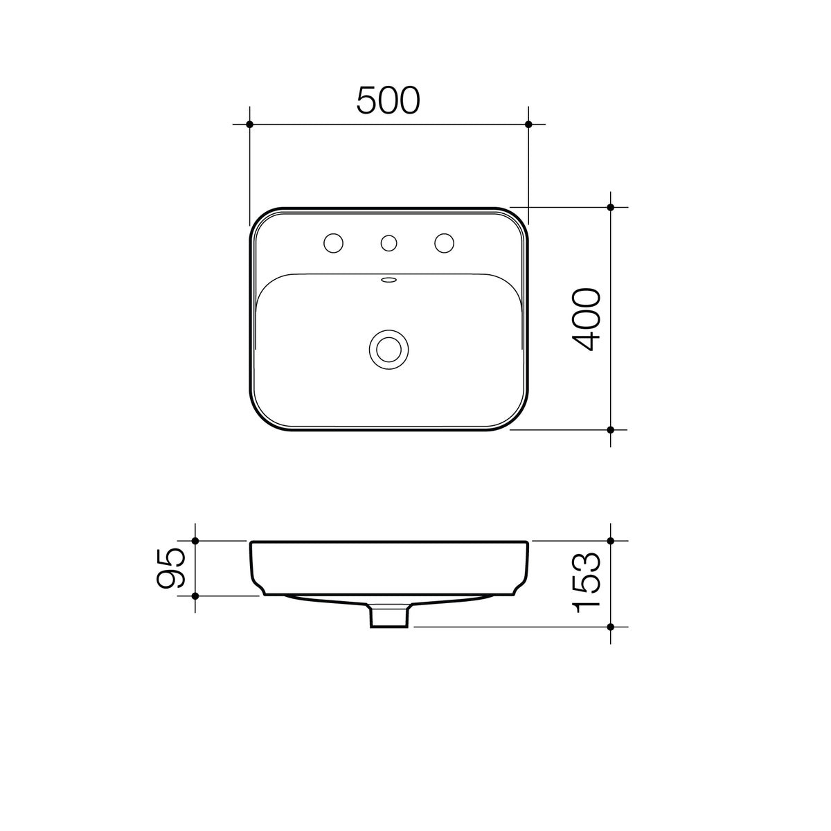 Tribute Rectangle 500 Inset Basin 1TH OF specification drawing