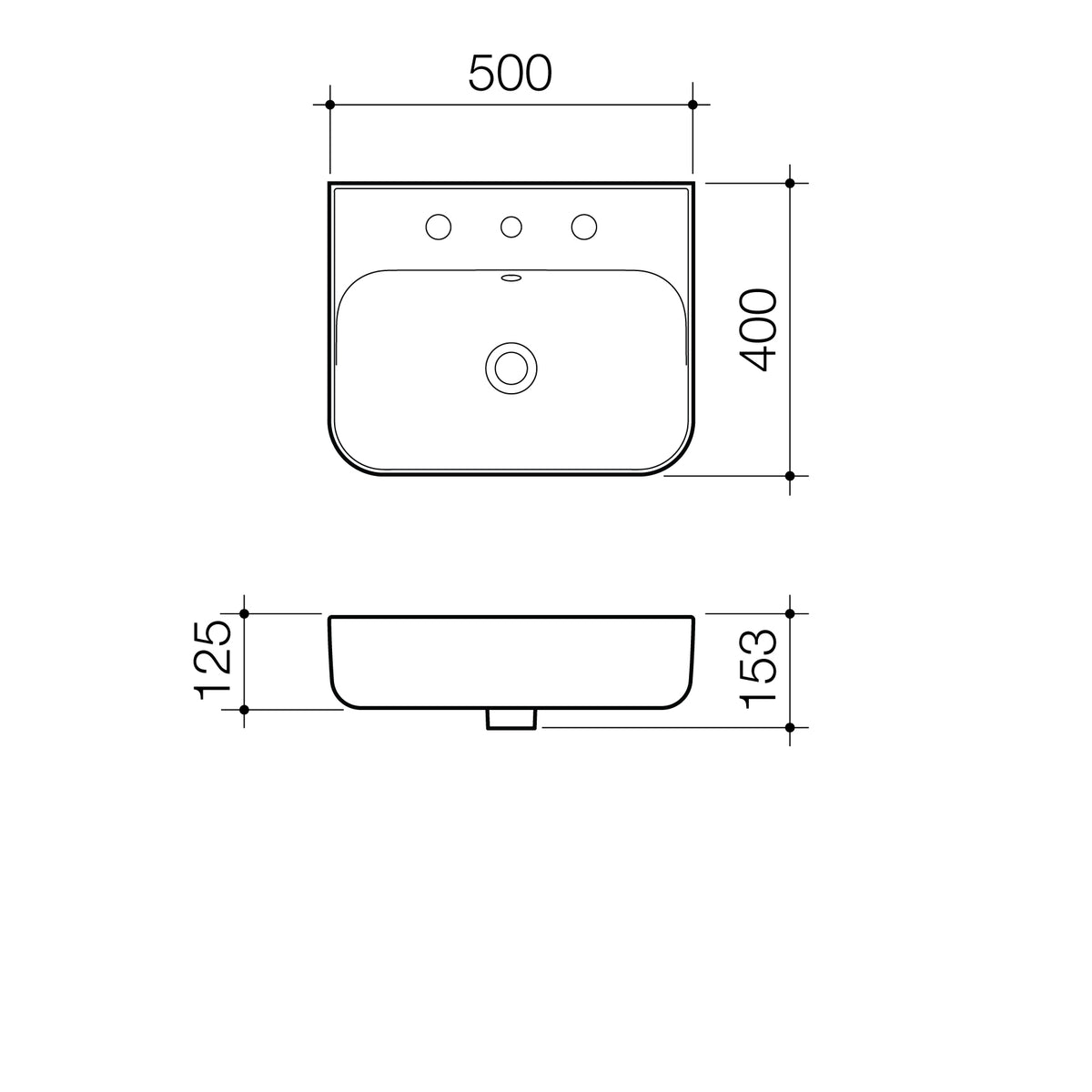 Tribute Rectangle 500 Wall Basin 1TH OF specification drawing