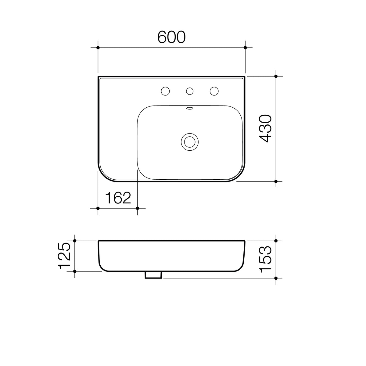 Tribute Rectangle 600 Left Hand Shelf WB 1TH OF specification drawing