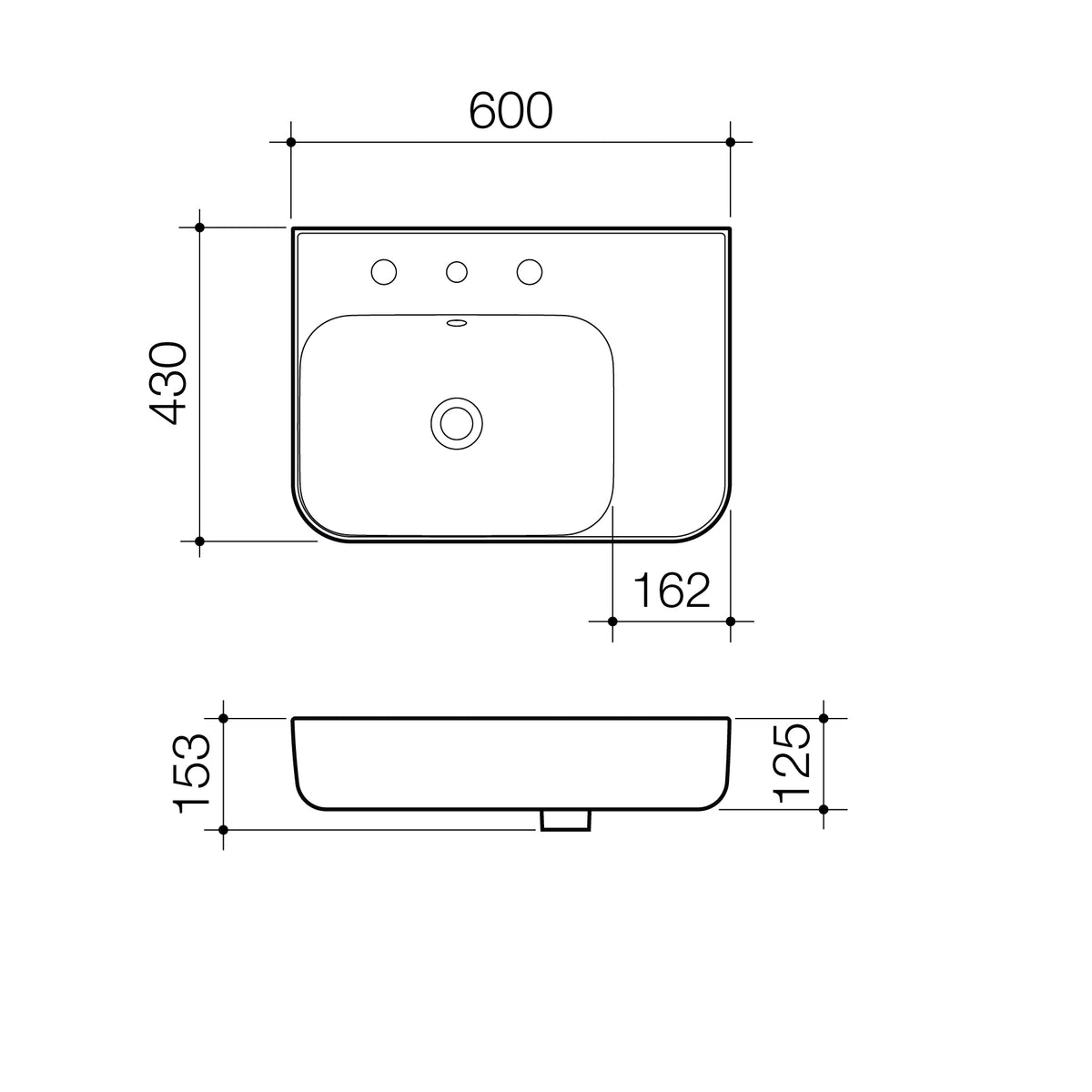 Tribute Rectangle 600 Right Hand Shelf WB 1TH OF specification drawing