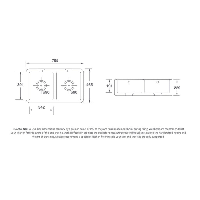 Shaws Double Bowl 800 Sink