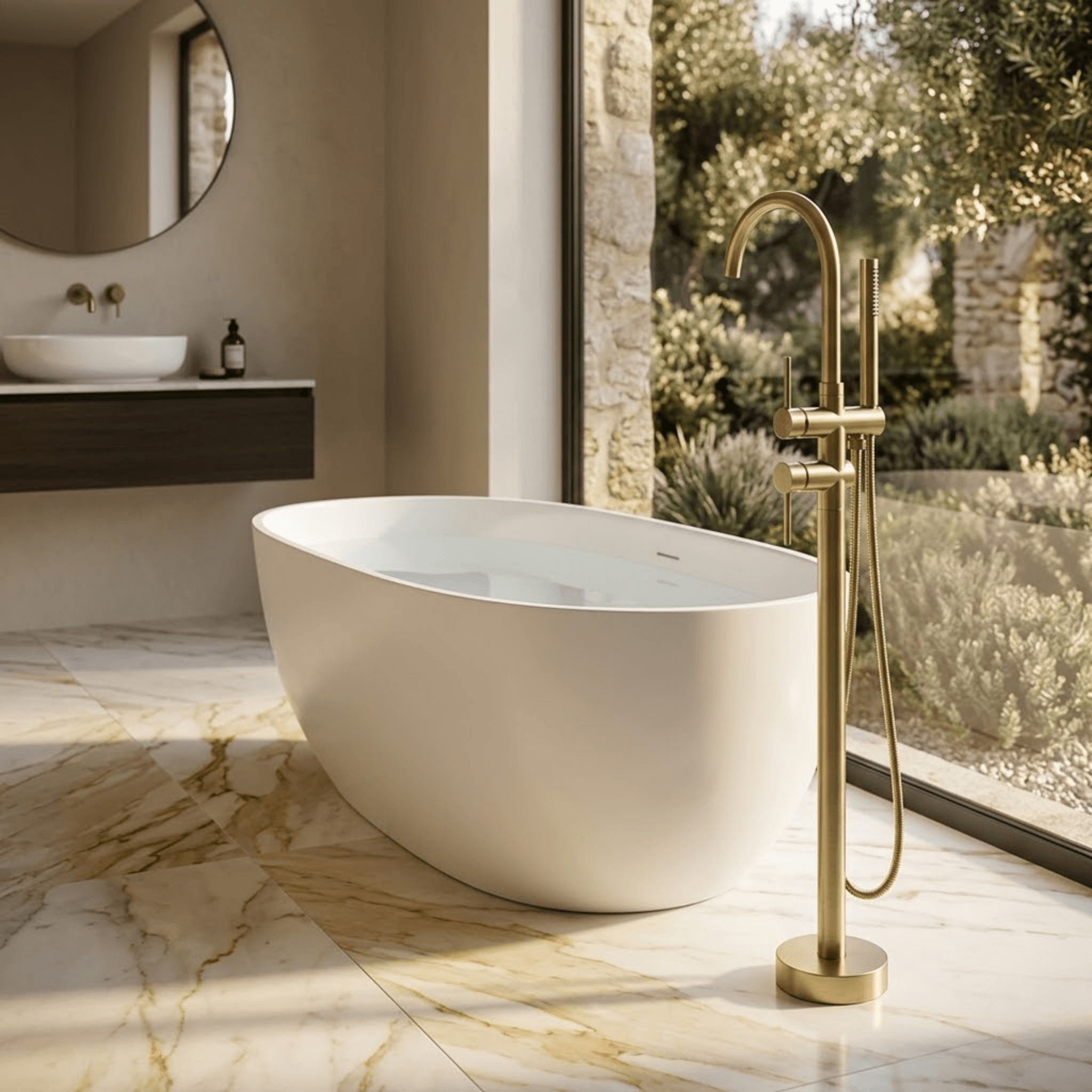 Mimi Cove Freestanding Bath Filler & Handshower Brushed Brass
