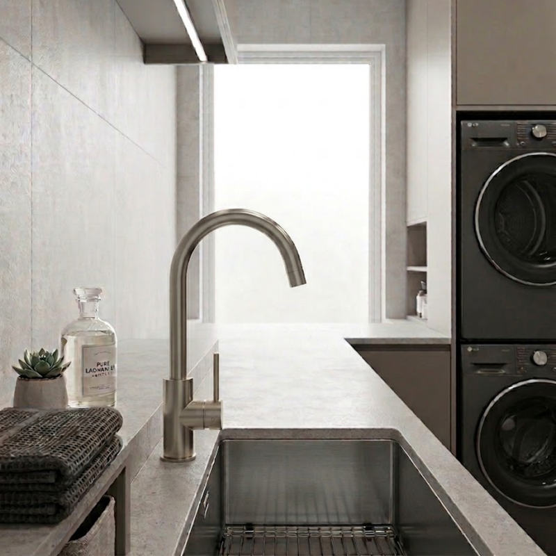 Mimi Single Lever Gooseneck Kitchen Mixer Warm Brushed Nickel