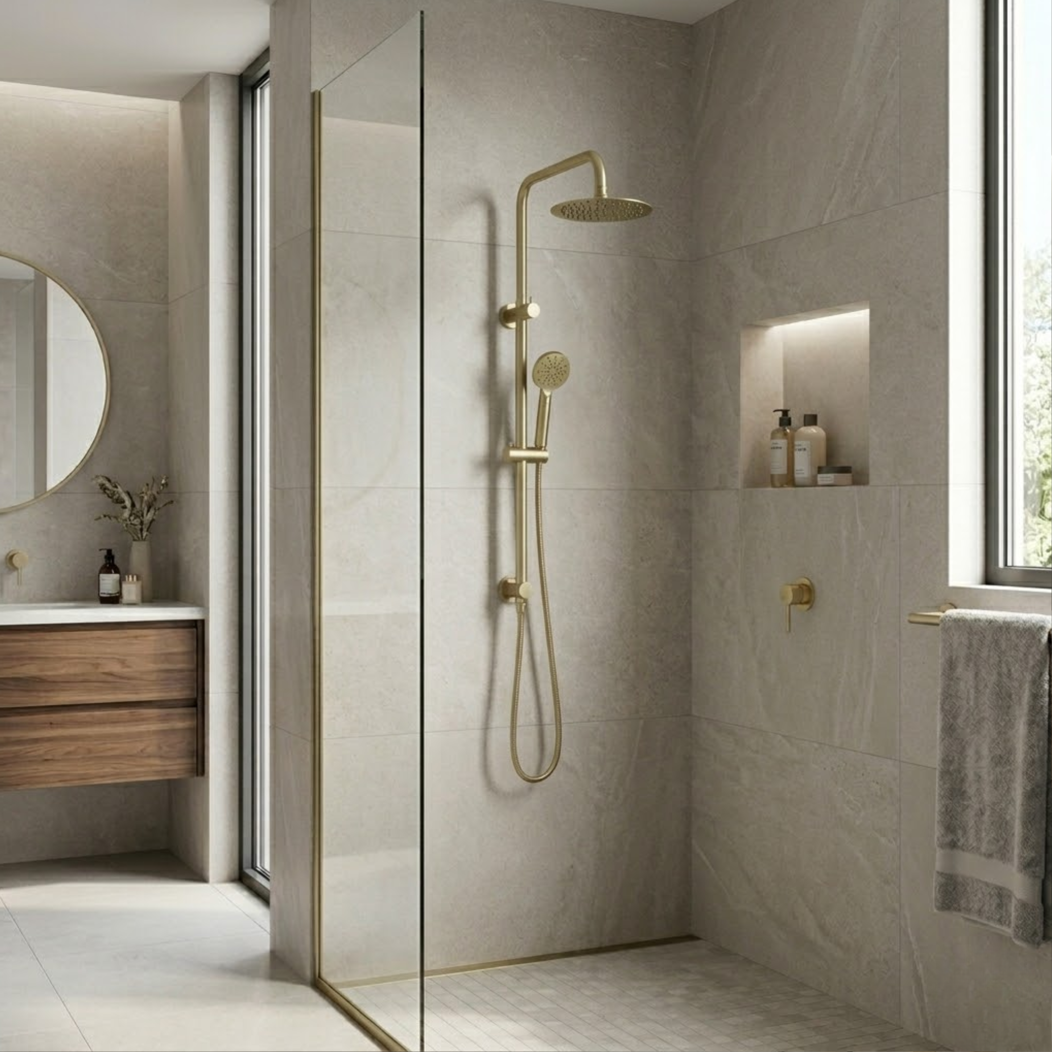 Mimi Cove Twin Rail Shower Brushed Brass