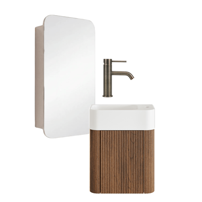 Mimi Contour Walnut Space Saver Vanity Package With Shaving Cabinet & Basin Mixer