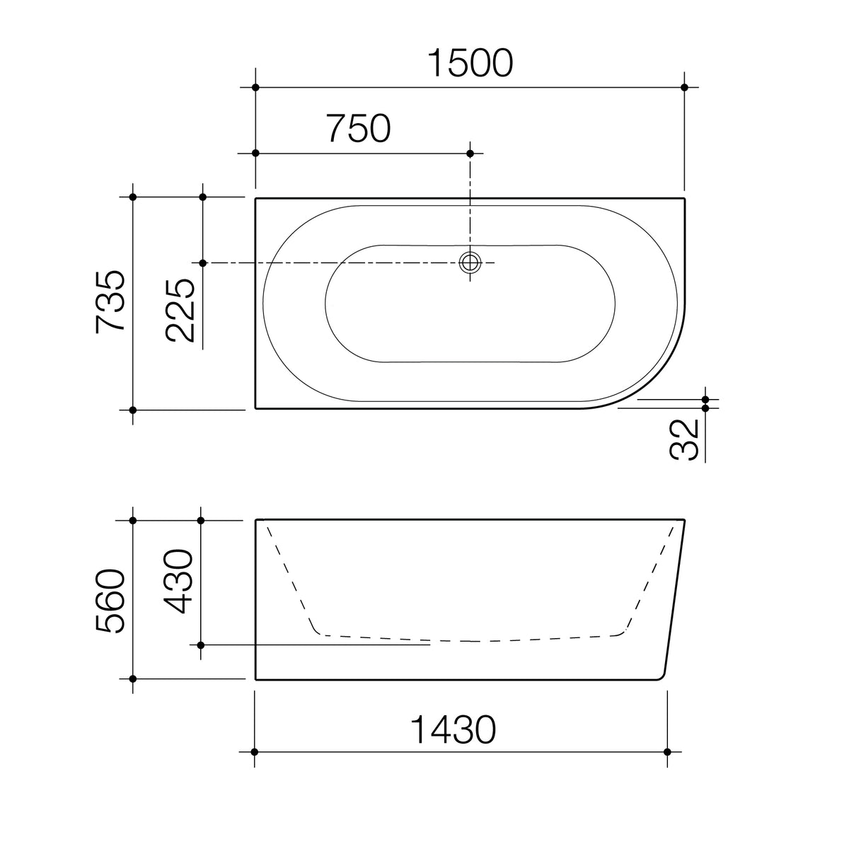 Caroma Urbane® II Back to Corner Bath Left Hand Side 1500 (No Overflow) specification drawing