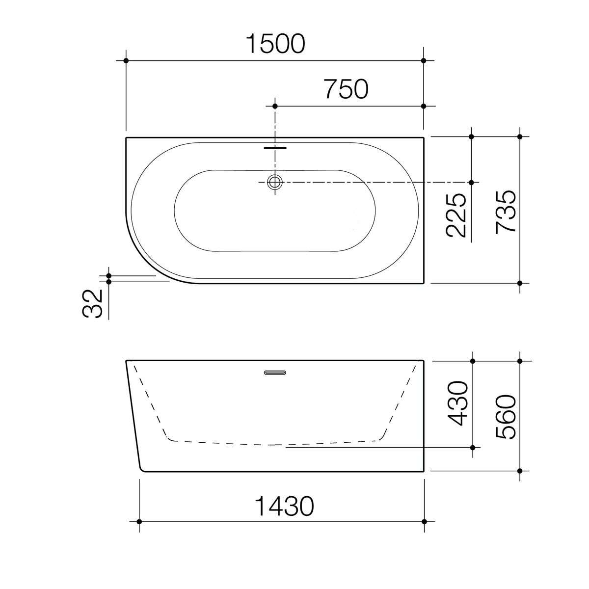 Caroma Urbane® II Back to Corner Bath Right Hand Side 1500 (Overflow) specification drawing