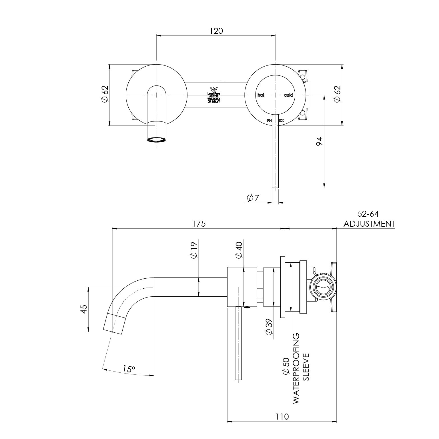 Phoenix Vivid Slimline SwitchMIx Wall Basin/Bath Mixer 60mm Complete Kit Black - Lead Free