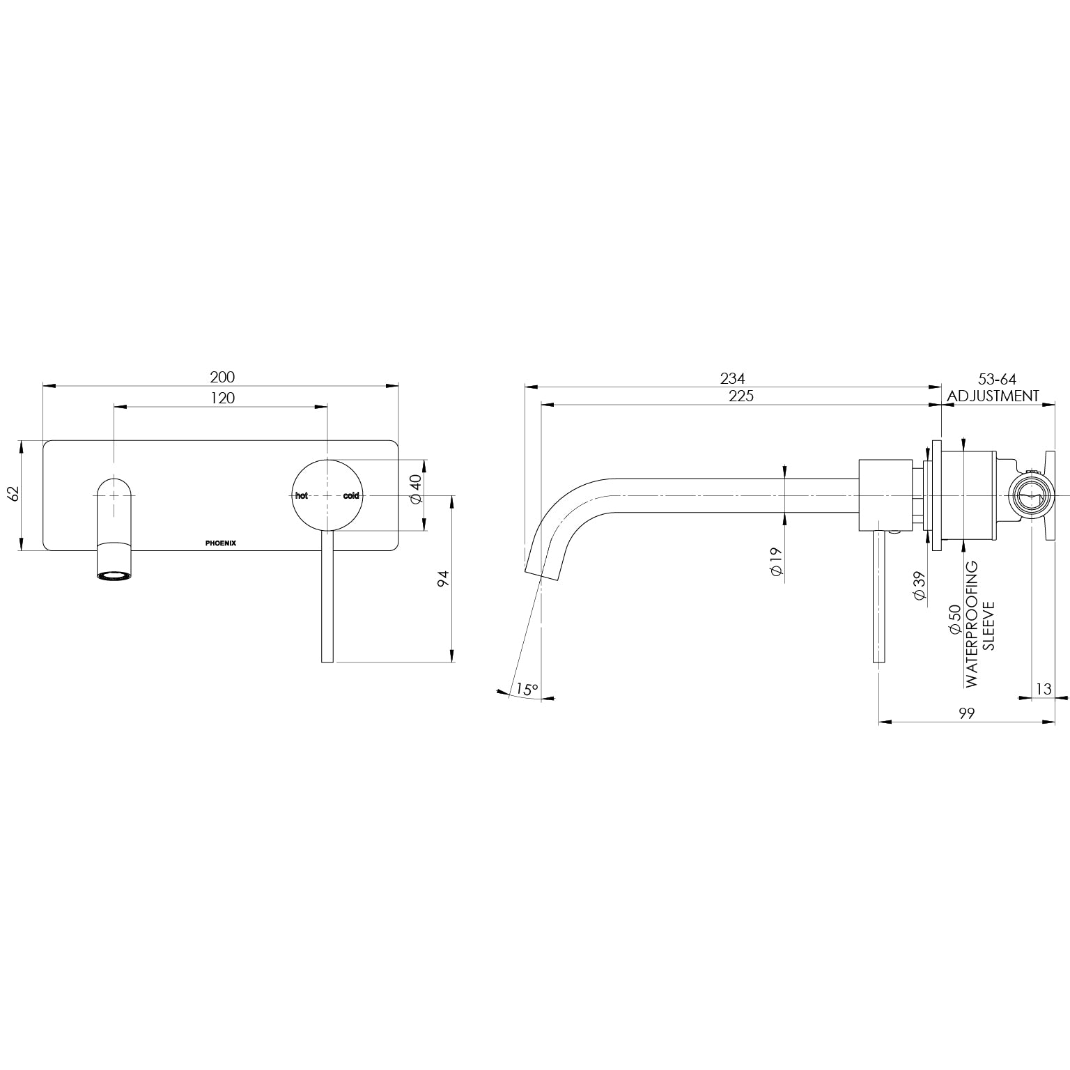 Phoenix Vivid Slimline SwitchMix Wall Basin/Bath Mixer Set 230mm Complete Kit Chrome - Lead Free