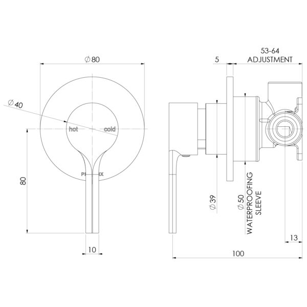 Vivid Slimline Oval SwitchMix Shower / Wall Mixer (Complete Kit) – Lead Free - Chrome specification drawing