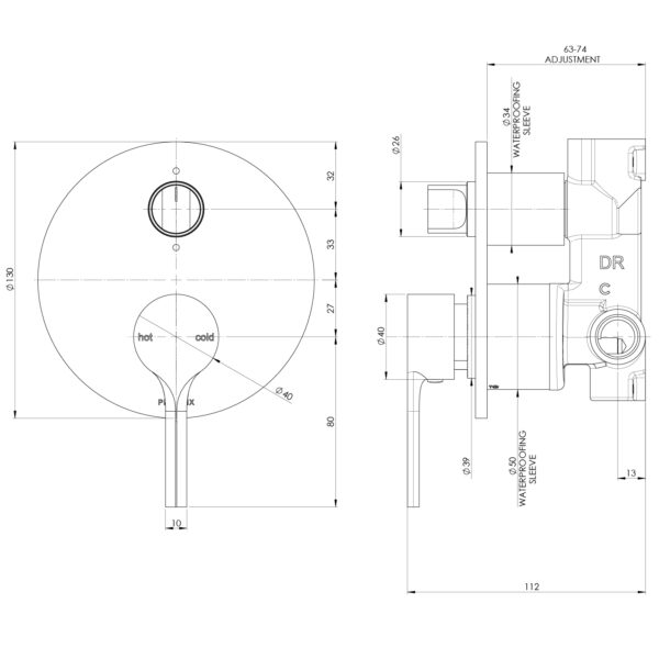 Vivid Slimline Oval SwitchMix Shower / Bath Diverter Mixer (Complete Kit) - Chrome specification drawing