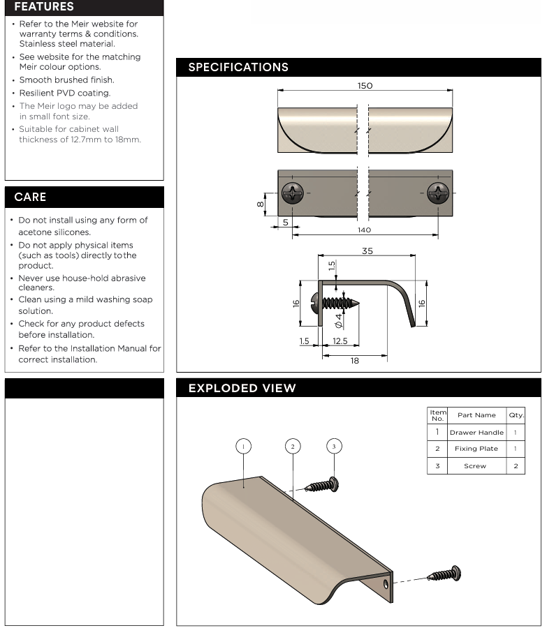 Meir Öppen Edge-Pull 150mm Cabinet Handle (Brushed) Lustre Bronze