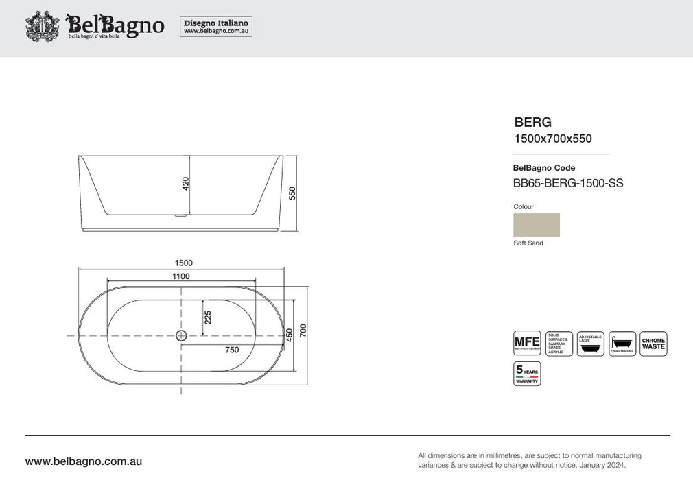 BelBagno Berg Bath 1500mm