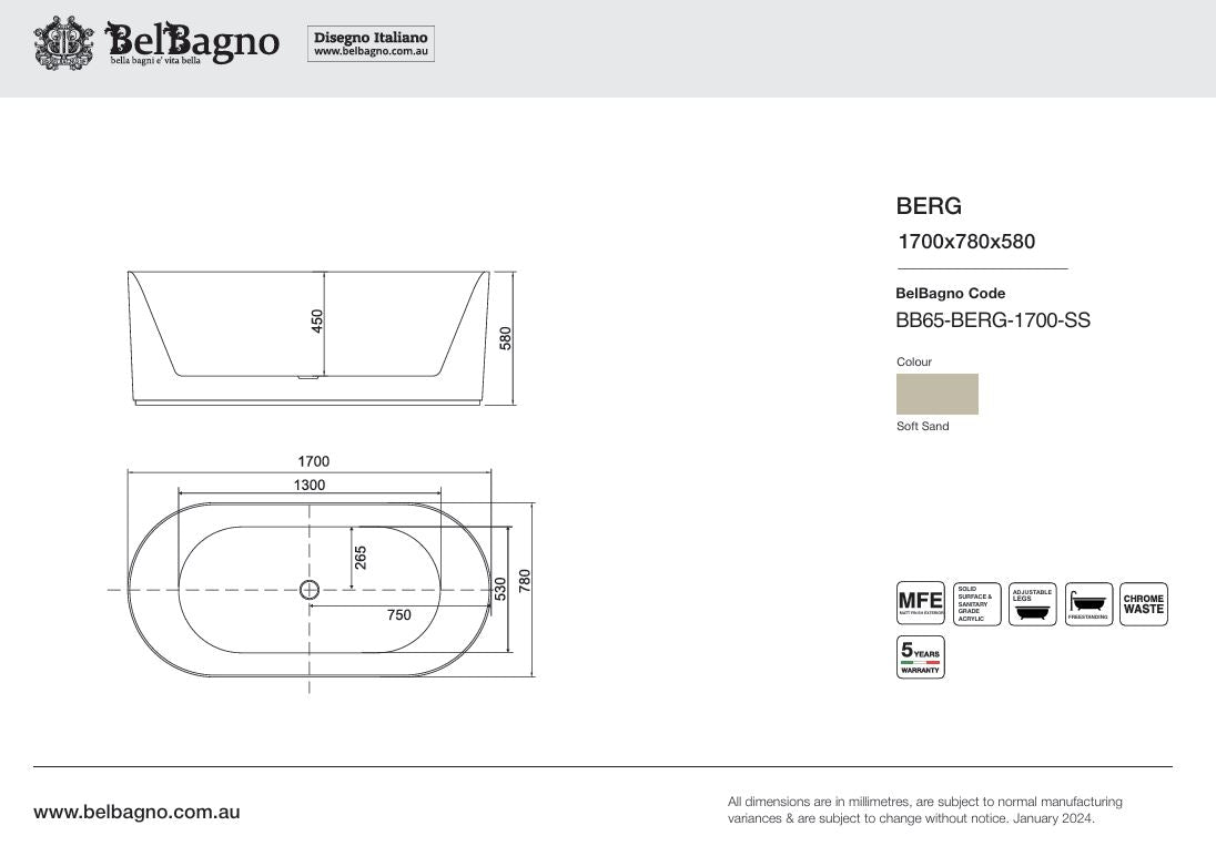 BelBagno Berg Bath 1700mm