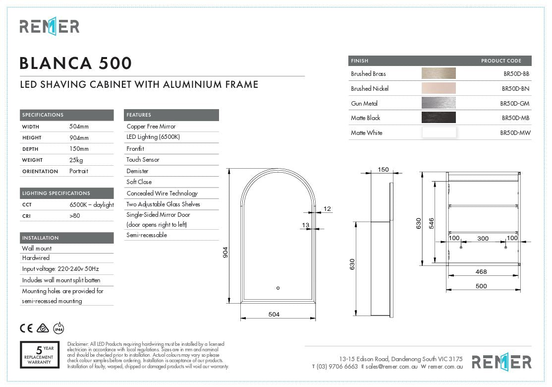 Blanca 500 LED Shaving Cabinet with Aluminium Frame