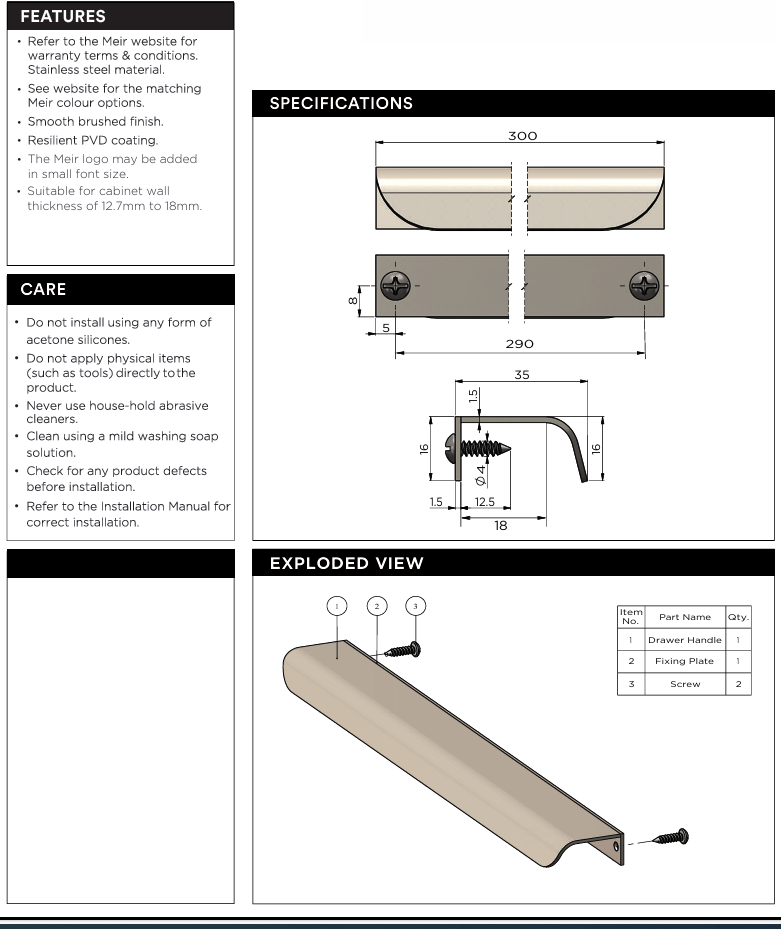 Meir Öppen Edge-Pull 300mm Cabinet Handle (Brushed) Lustre Bronze