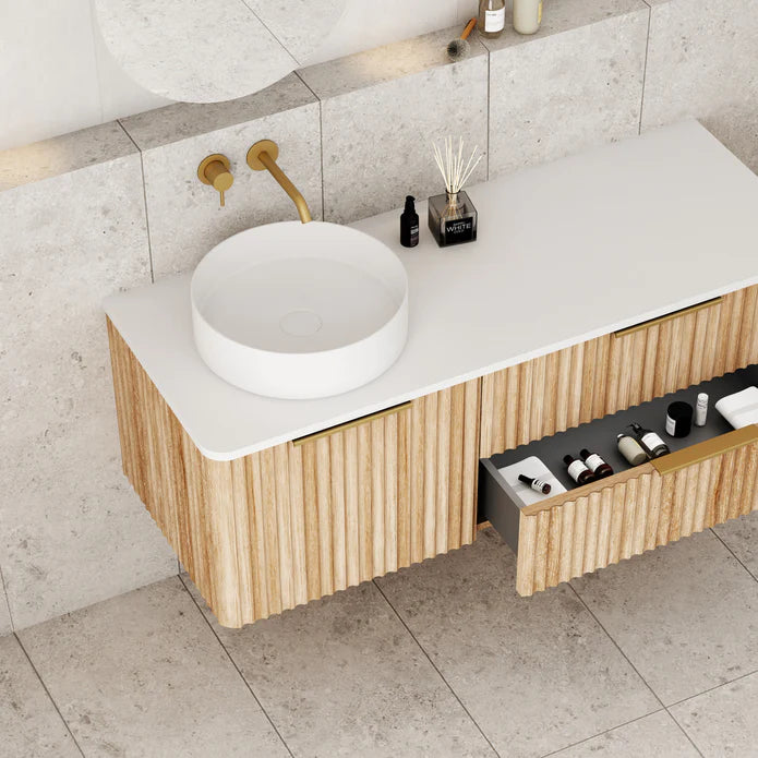 Gravity Natural Oak Curved Wall Hung Vanity — Designer Bathware