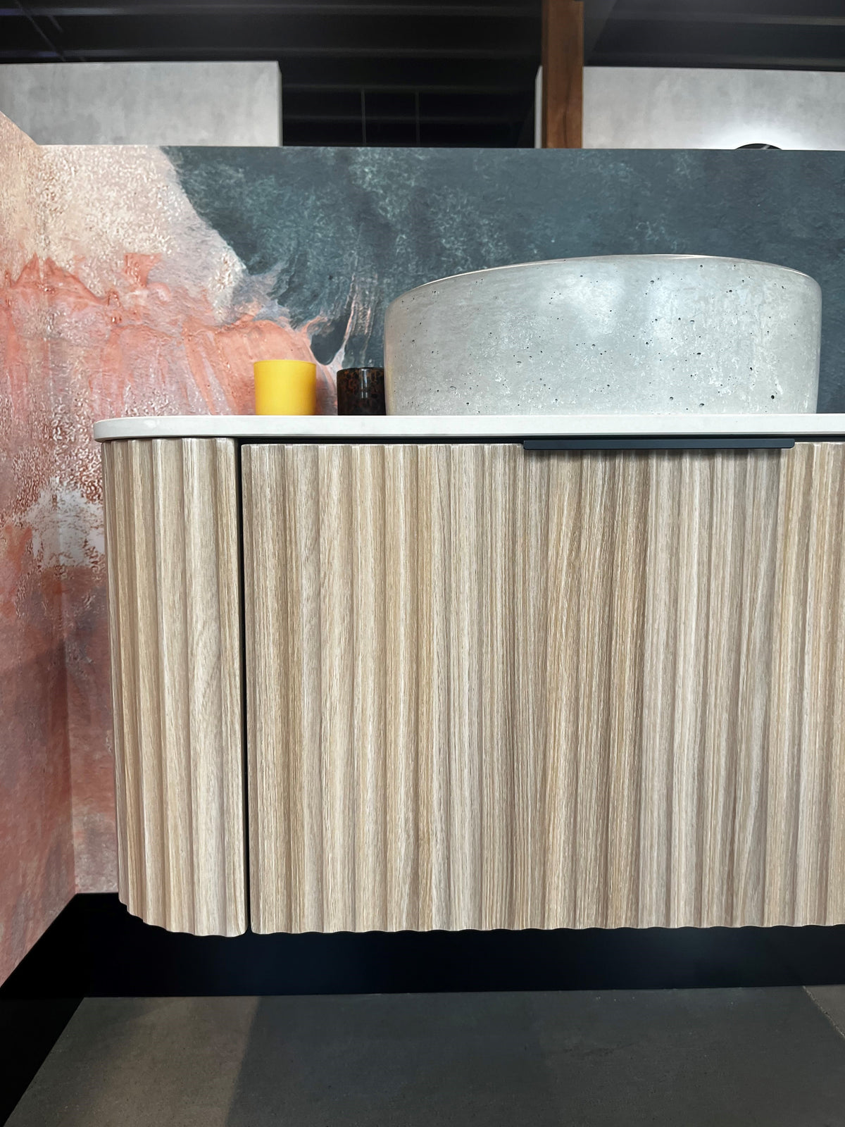 V-Groove Natural Oak Curved Wall Hung Vanity – Designer Bathware