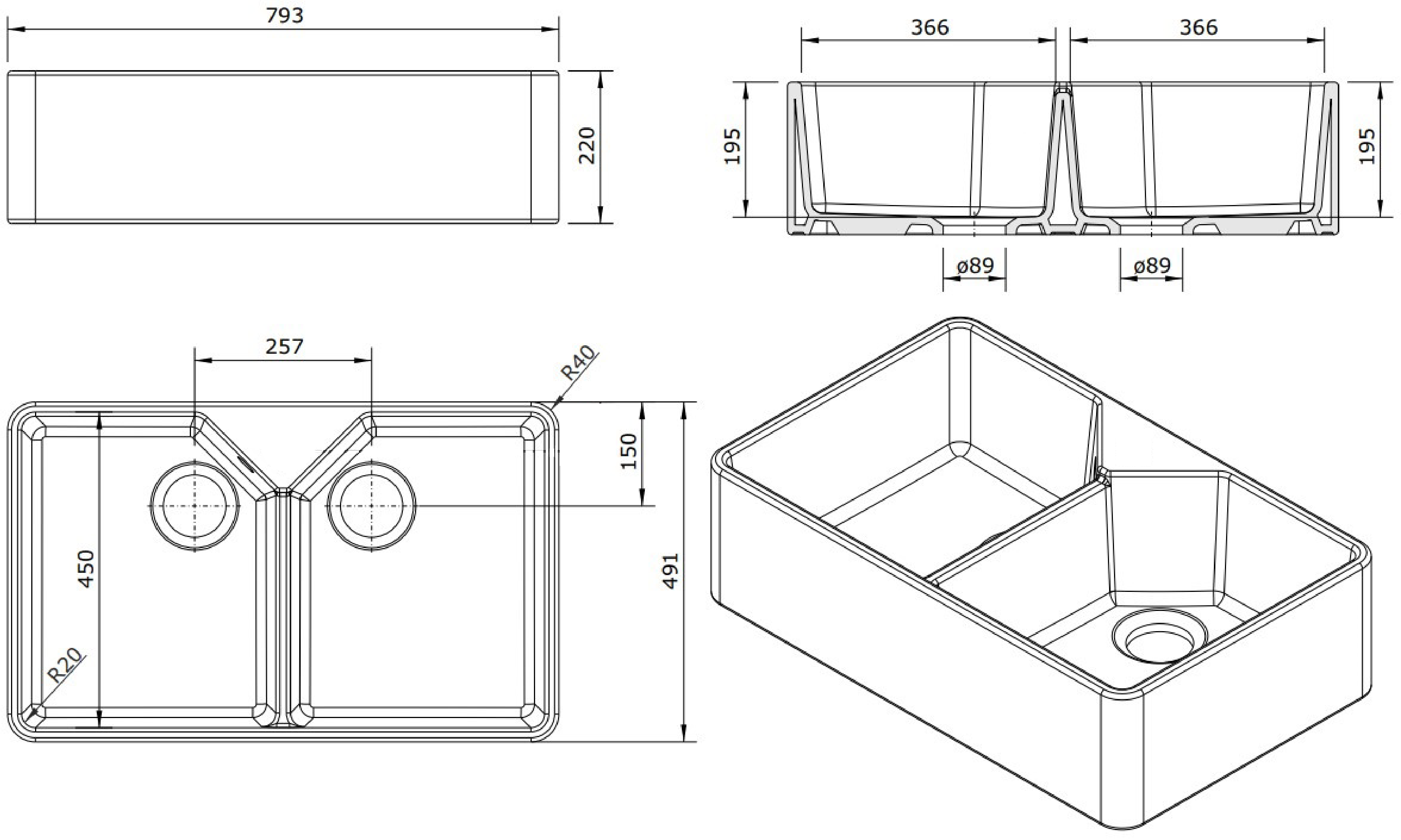 Turner Hastings Chester 80 x 50 Double Flat Front Fine Fireclay Farmhouse Butler Sink