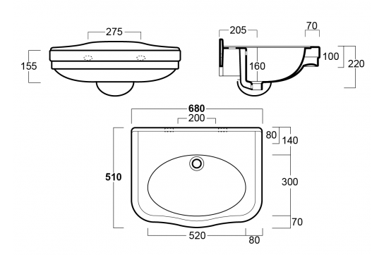Claremont Wall Hung Basin 68 x 45