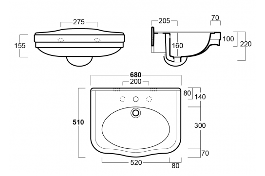 Claremont Wall Hung Basin 68 x 45