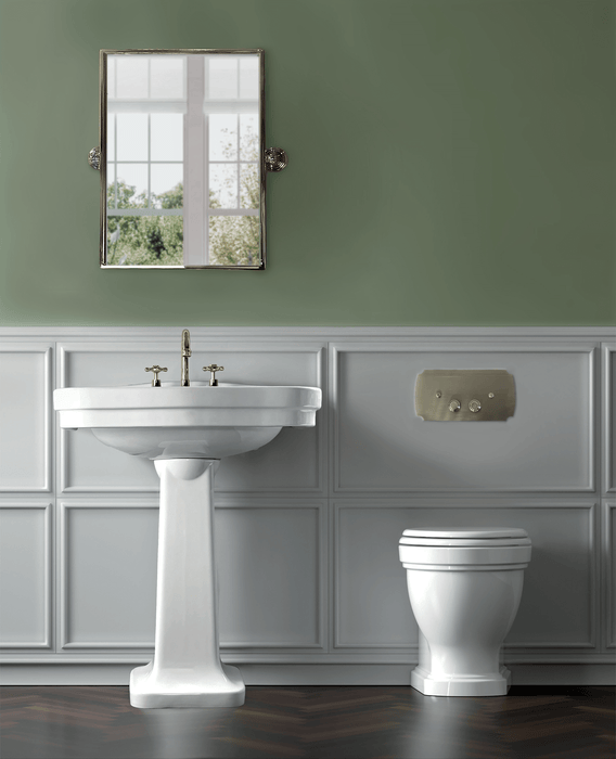 Claremont Floor Mounted Pan & Seat + Geberit In-wall Cistern + Traditional Flush Plate