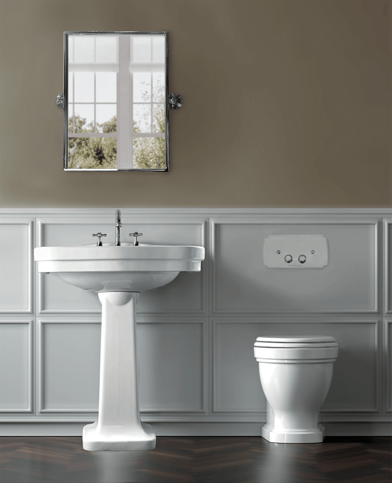 Claremont Floor Mounted Pan & Seat + Geberit In-wall Cistern + Traditional Flush Plate