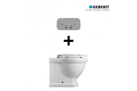 Claremont Floor Mounted Pan & Seat + Geberit In-wall Cistern + Traditional Flush Plate