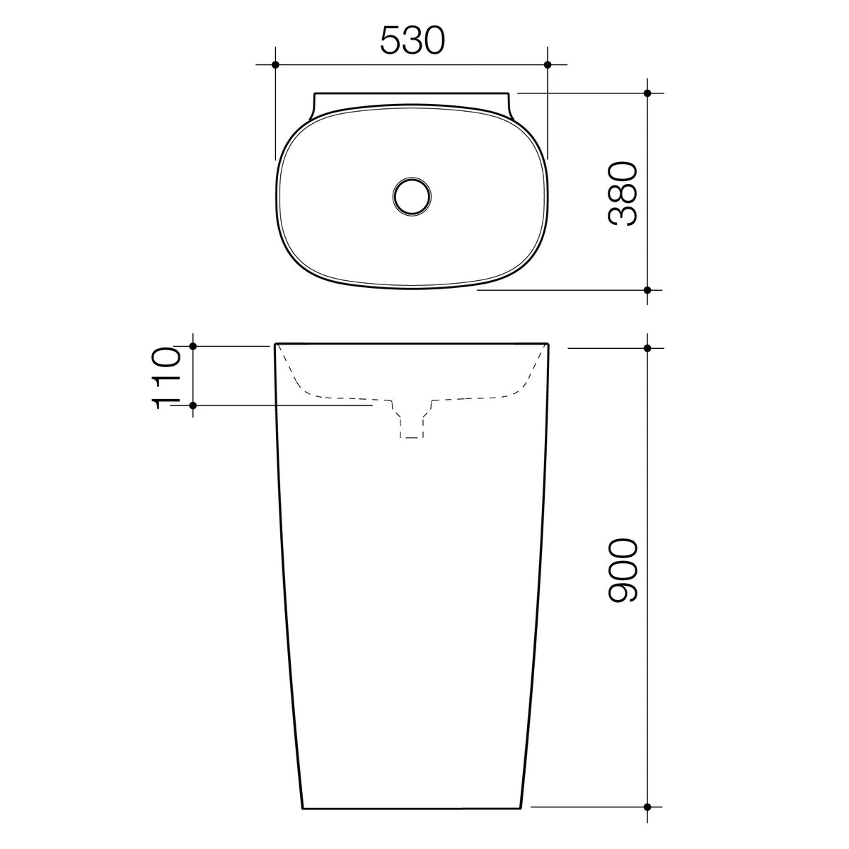 Caroma Contura® II 530mm Freestanding Basin - White specification drawing