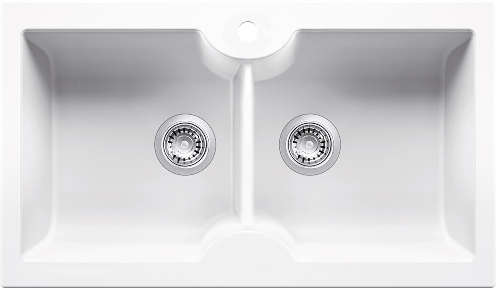 Turner Hastings Cuisine 86 x 50 Inset / Undermount Fine Fireclay Gloss White Sink - Double Bowl with Taphole