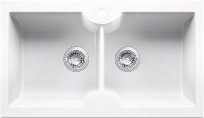 Turner Hastings Cuisine 86 x 50 Inset / Undermount Fine Fireclay Gloss White Sink - Double Bowl with Taphole