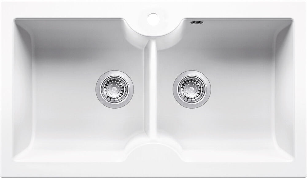 Turner Hastings Cuisine 86 x 50 Inset / Undermount Fine Fireclay Gloss White Sink - Double Bowl with Taphole