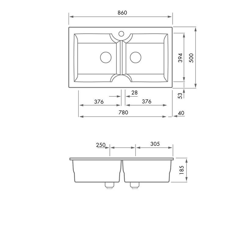 Turner Hastings Cuisine 86 x 50 Inset / Undermount Fine Fireclay Gloss White Sink - Double Bowl with Taphole