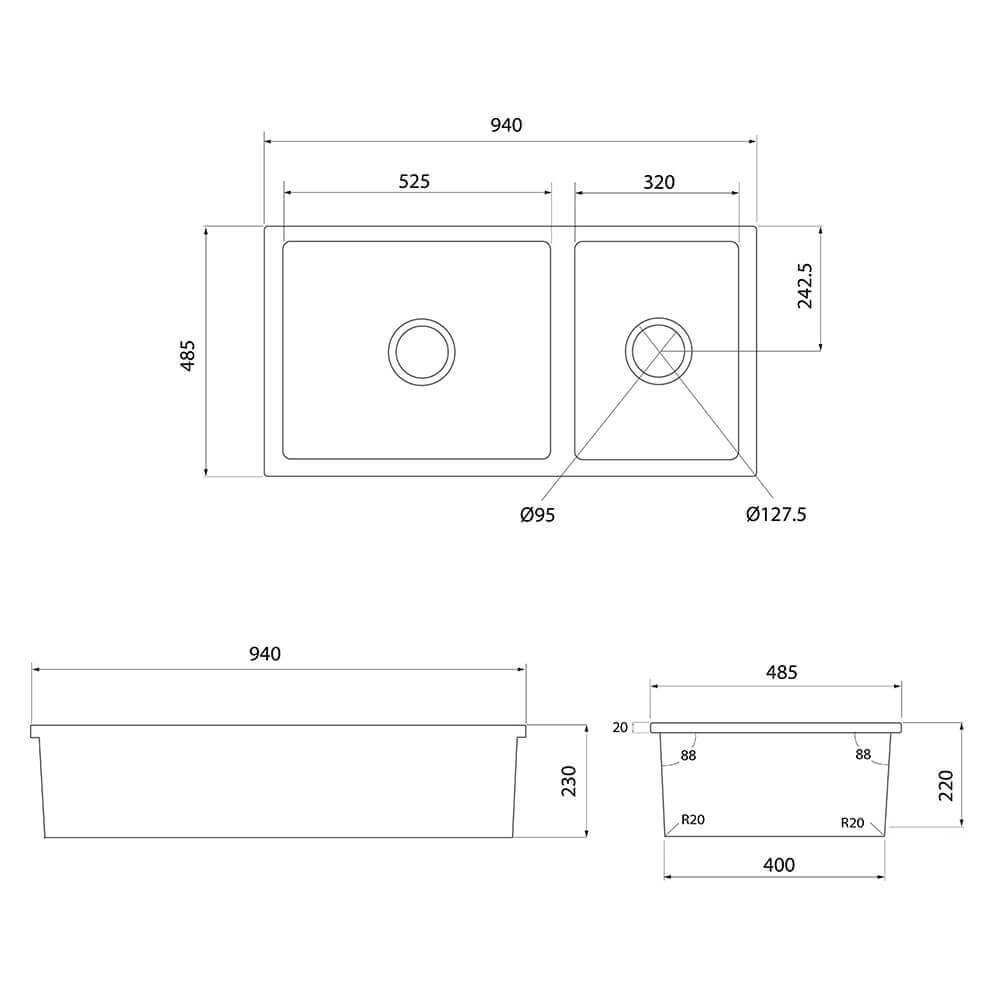 Turner Hastings Cuisine 93 x 48 One and a Half Bowl Inset / Undermount Fine Fireclay Matte Black Sink