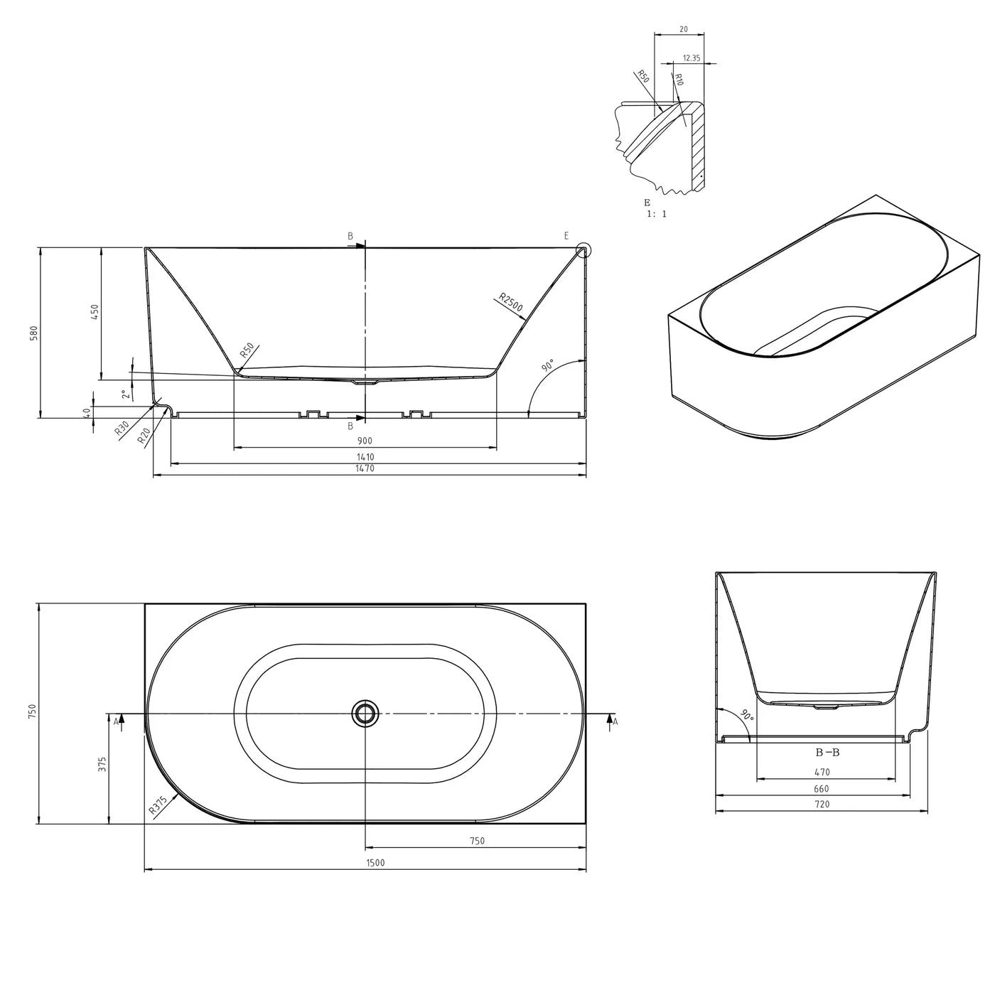 Otti Attica Celine Right Corner 1500 Matte White Bath with Overflow