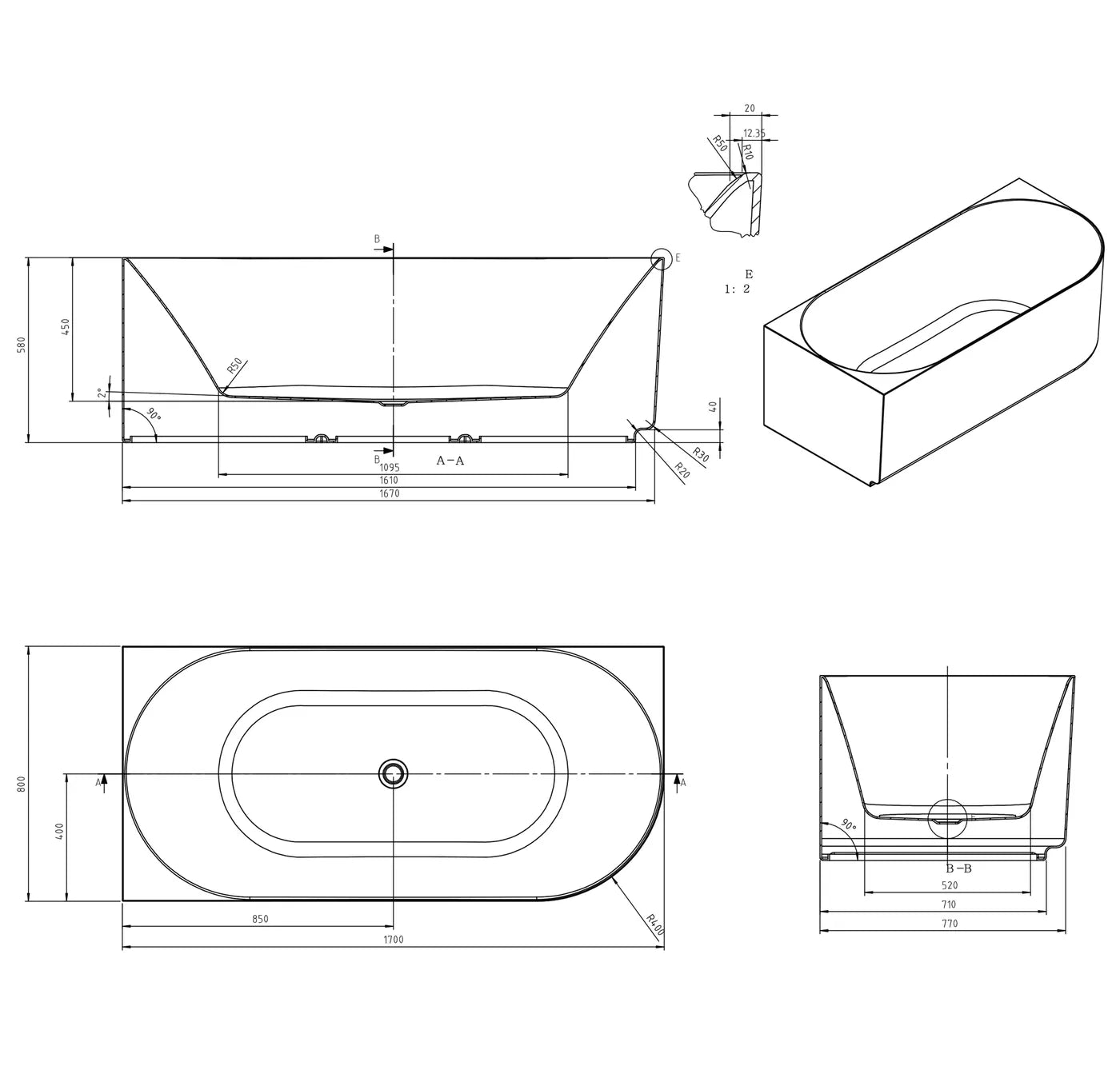 Otti Attica Celine Left Corner 1700 Matte White Bath with Overflow Attica