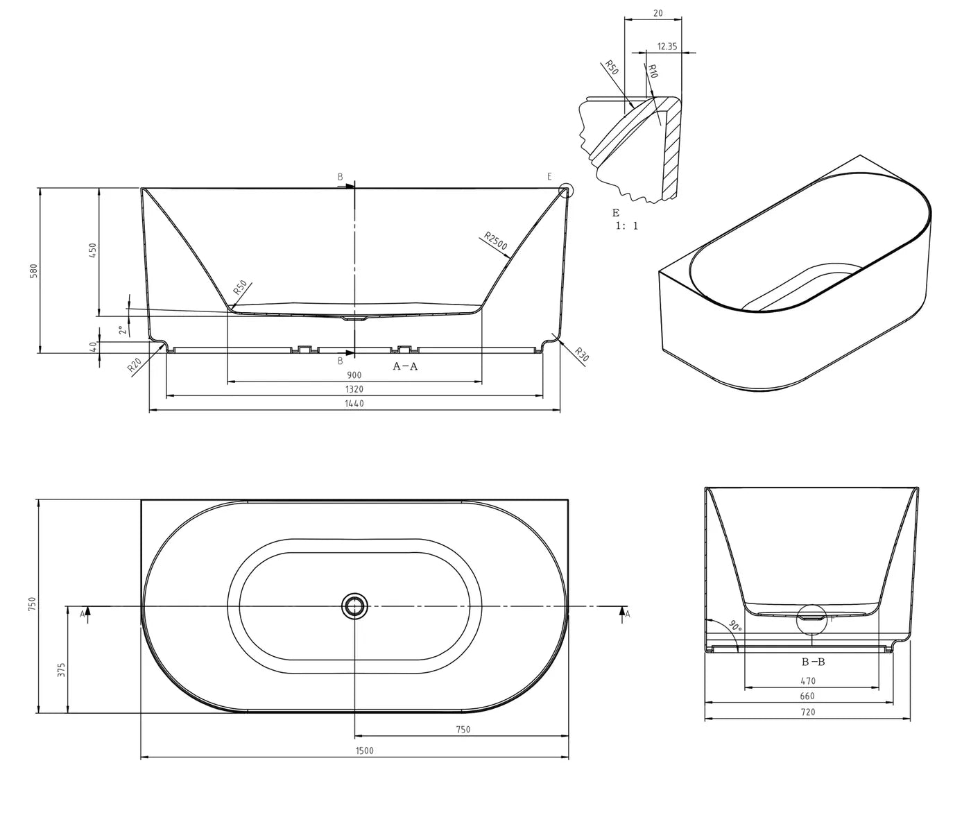 Otti Attica Celine 1500 Gloss White BTW Multi-fit Bath with Overflow