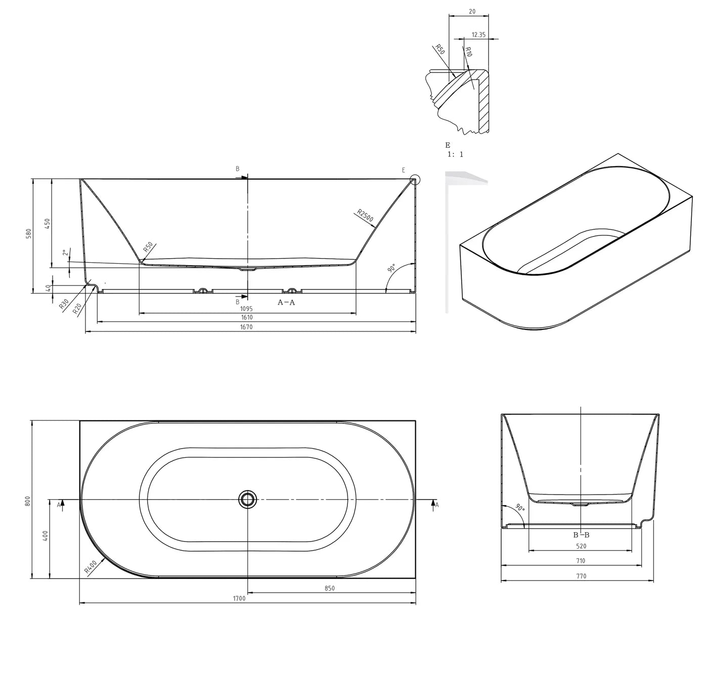 Otti Attica Celine Right Corner 1700 Gloss White Bath with Overflow Attica