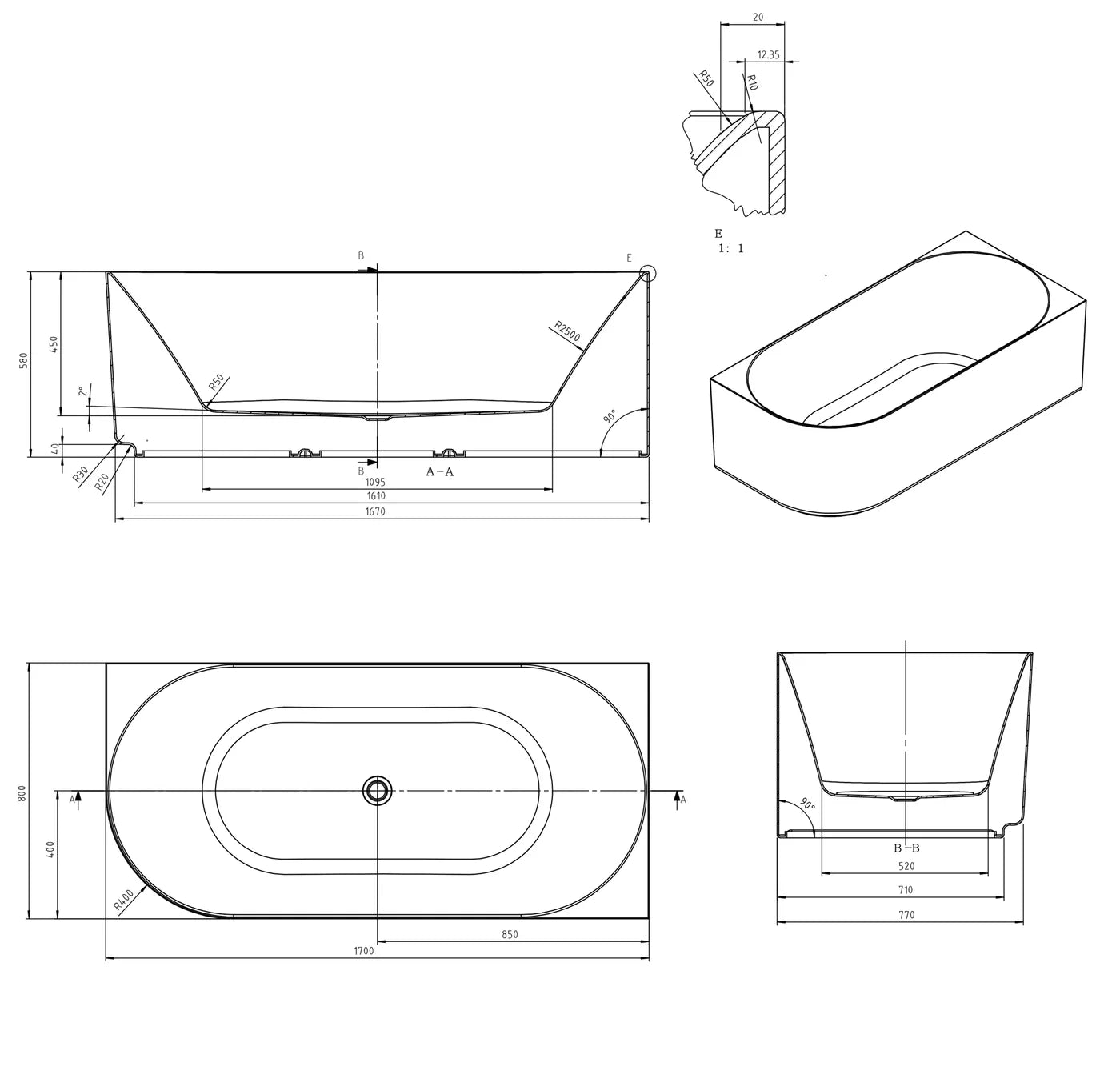 Otti Attica Celine Right Corner 1700 Matte White Bath with Overflow Attica