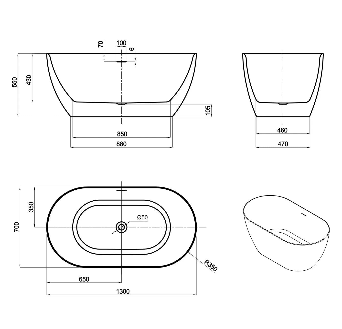 Otti Attica Manolo 1300 Gloss White Bath with Overflow