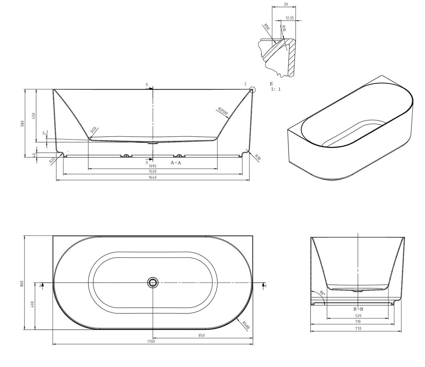Otti Attica Celine 1700 Gloss White BTW Multi-fit Bath with Overflow