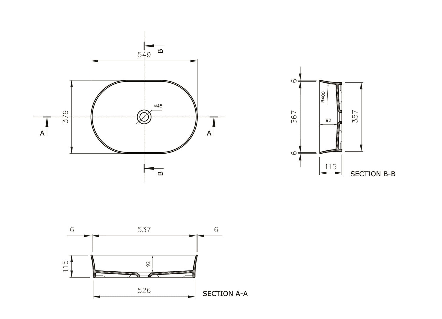 Turner Hastings Fino 55 x 38 Matte White Above Counter Fireclay Basin