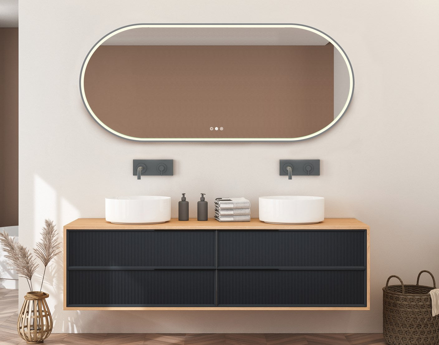 Radiant Aura Gun Metal Pill LED Mirror 1500mm