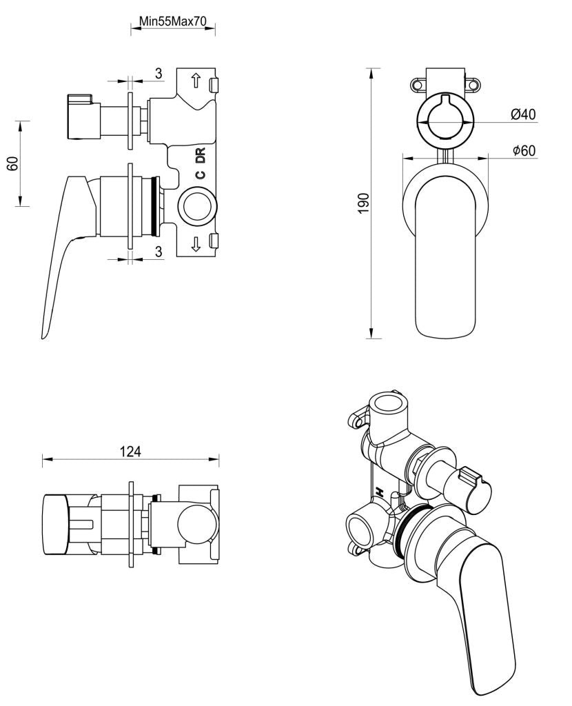 Bella Vista Kaza Shower Mixer Diverter - 2P - Trim Kit Only - French Gold - Specifications