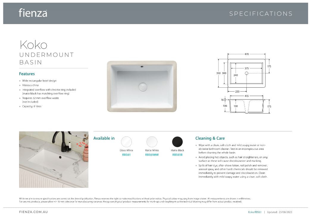 Fienza Koko Undermount Basin, Matte White