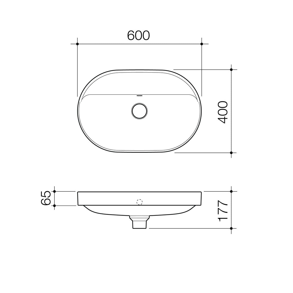 Liano II 600mm Pill Inset Basin with Tap Landing (0 Tap Hole) – Matte Black (with Overflow) specification drawing
