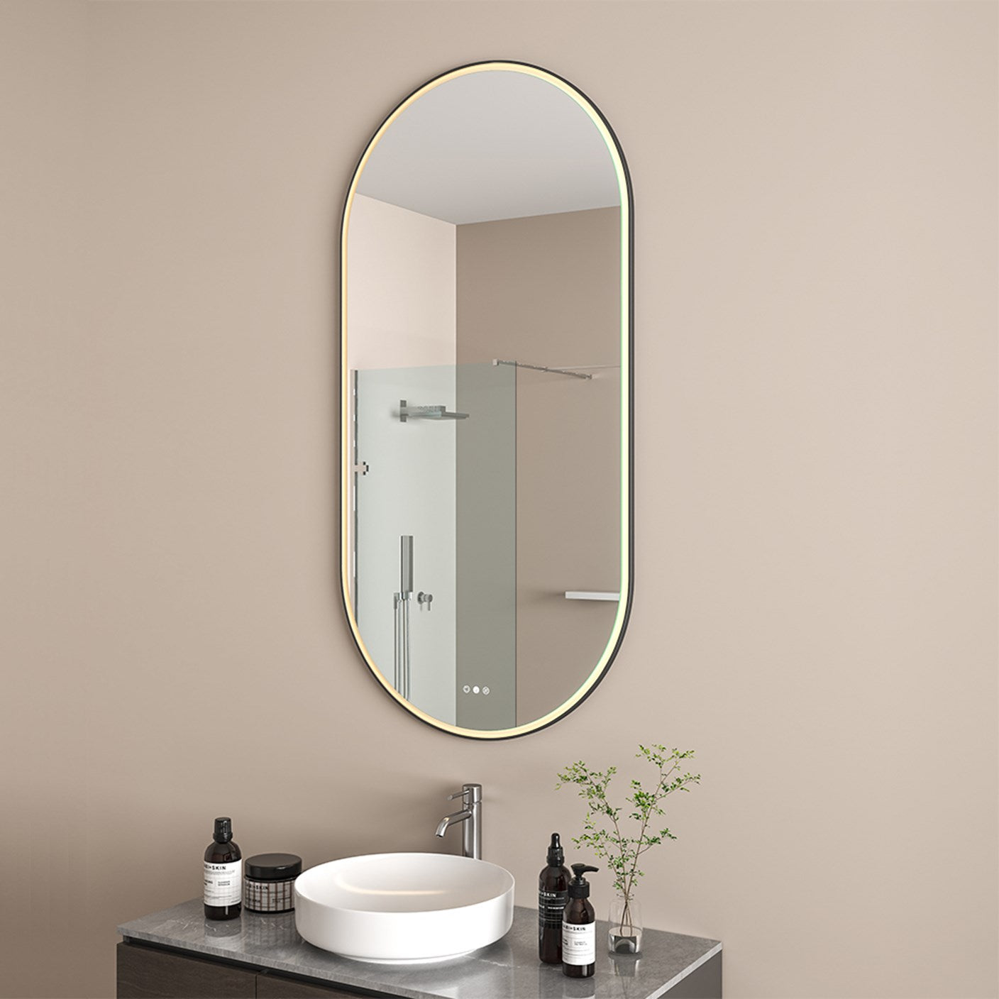 Radiant Aura Matte Black Pill LED Mirror 545mm