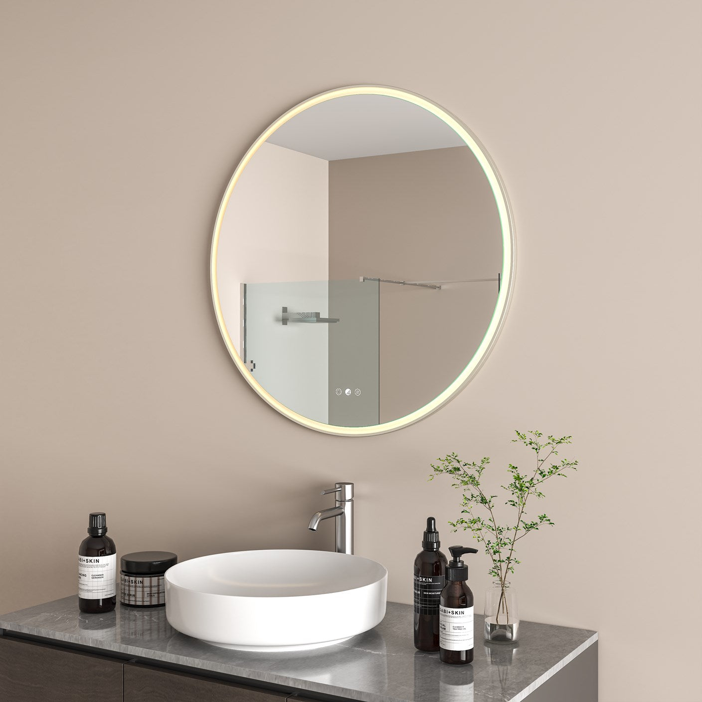 Radiant Aura Brushed Nickel Round LED Mirror 845mm
