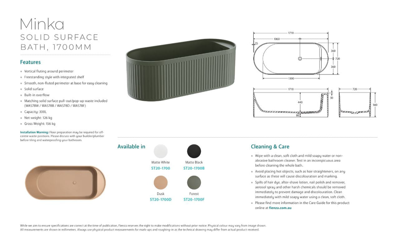 Minka Solid Surface Bath 1700mm Forest — Designer Bathware