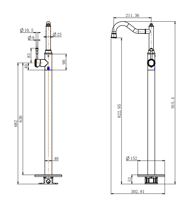 Montpellier Freestanding Bath Mixer - Line Drawing